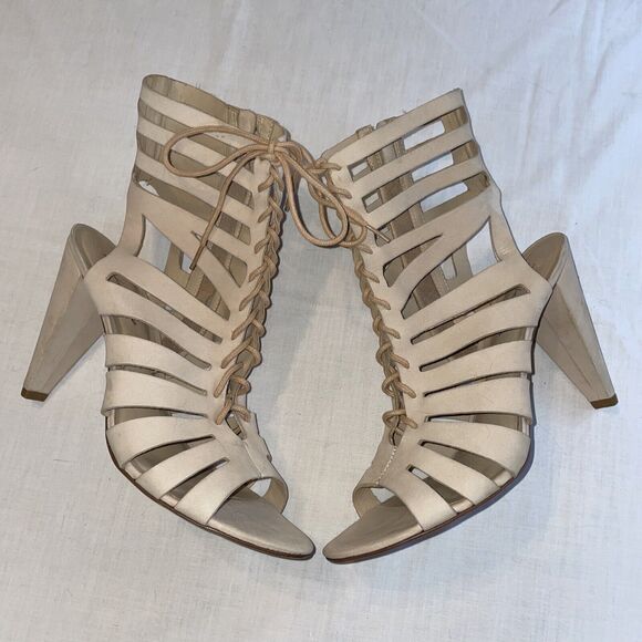 Pour La Victoire Strappy Heels Women’s Size 10 Medium Beige Leather Zip Side - Picture 1 of 12